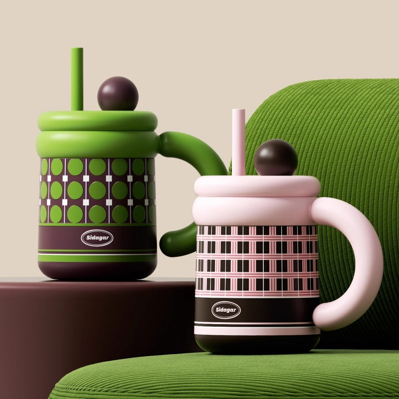 Sidagar Retro Plaid Desktop Straw Cup - 650ml Insulated Ceramic Coated Mug