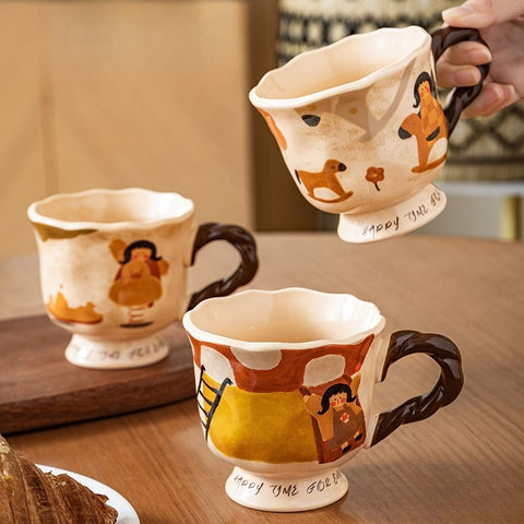 Vintage high-footed ceramic mug with twisted handle and animal-themed design, microwave-safe and lead-free Vintage high-footed ceramic mug with twisted handle and animal-themed design, microwave-safe and lead-free