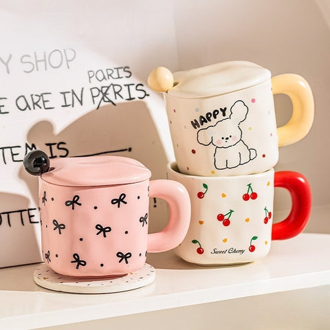 Ceramic animal-themed mug with butterfly, puppy, and cherry designs Ceramic animal-themed mug with butterfly, puppy, and cherry designs