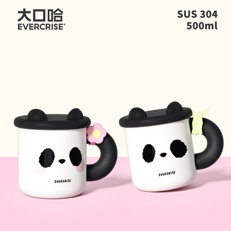Evercrise Panda Cup Pair - 500ml Insulated Cute Animal Tumbler with Lid