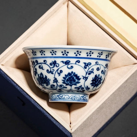 Handcrafted Blue and White Lotus Porcelain Tea Cup Handcrafted Blue and White Lotus Porcelain Tea Cup