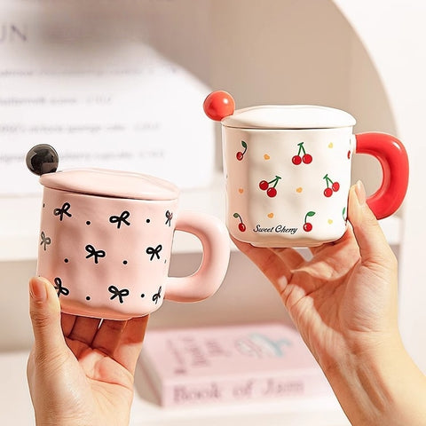 Ceramic animal-themed mug with butterfly, puppy, and cherry designs Ceramic animal-themed mug with butterfly, puppy, and cherry designs
