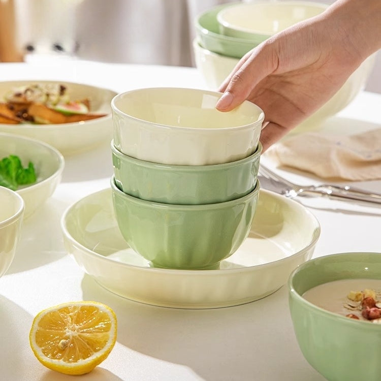 Microwave-safe ceramic plate set in cream tones, suitable for oven and dishwasher