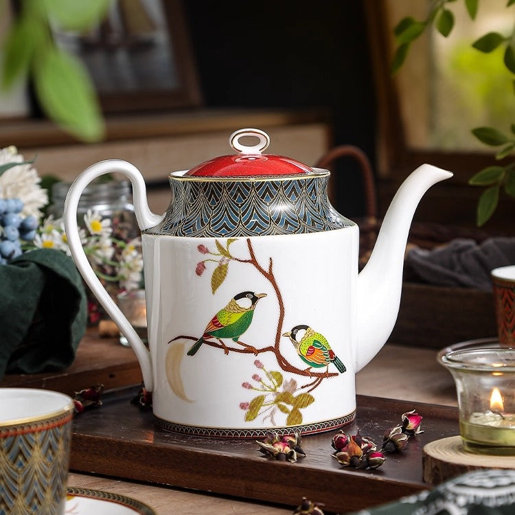 Silver-Eared Mesia Bone China Tea Set – Hand-Painted Embossed Luxury Tea Pot & Cups Set