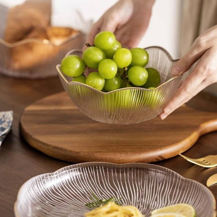 Artisan Gold-Trimmed Flower Language Glass Bowl with Glacial Texture