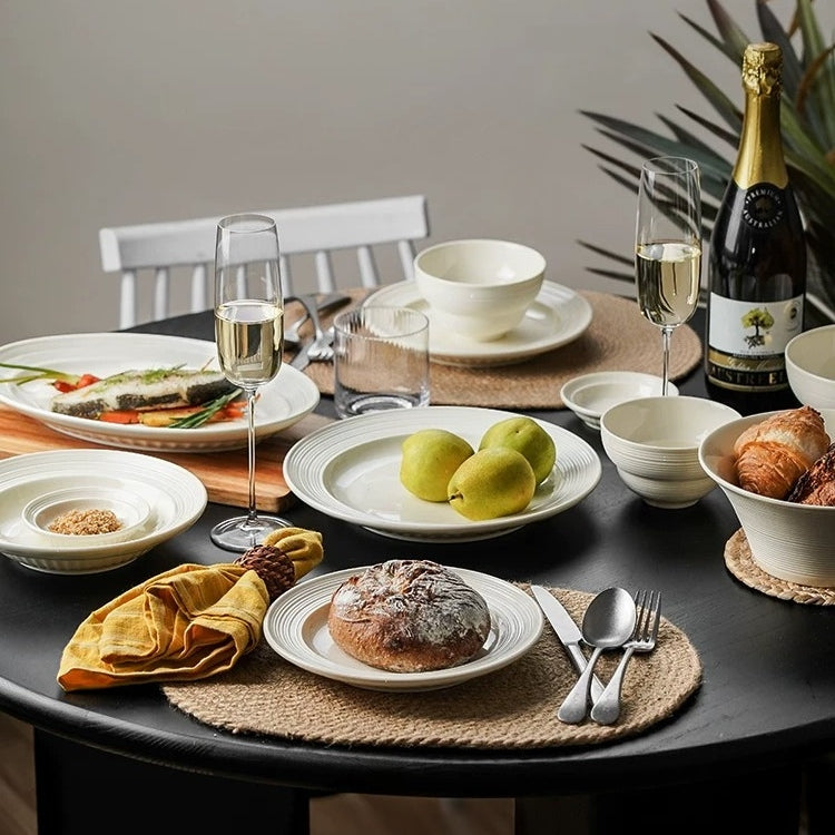 ALANIZ Benin Series white ceramic dinnerware set with gift box packaging, available in multiple sizes from 2 to 8 persons