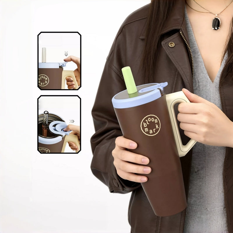 BloomMark 1100ml (40oz) One-Handed Insulated Tumbler with Straw & Handle