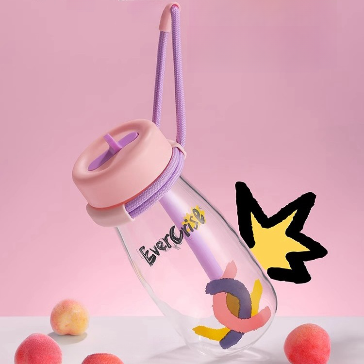 Stylish water bottle with straw, wide mouth, and portable strap