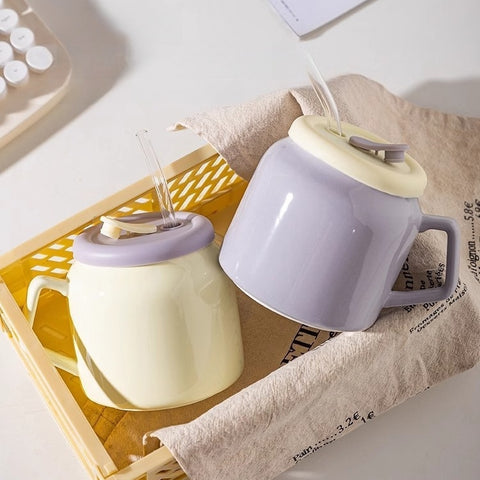 MDZF Taro Bobo Ceramic Mug with Silicone Lid in Cream Yellow and Taro Purple MDZF Taro Bobo Ceramic Mug with Silicone Lid in Cream Yellow and Taro Purple