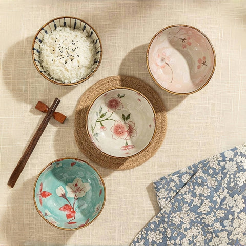 Hand-Painted Japanese Underglaze Rice Bowl with Blue Sakura Design Hand-Painted Japanese Underglaze Rice Bowl with Blue Sakura Design