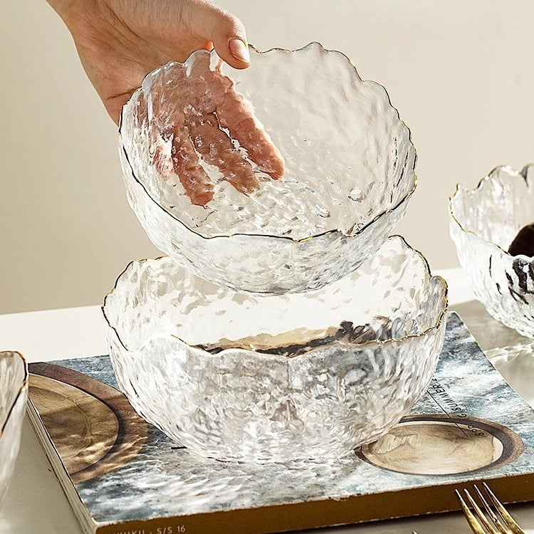 Hand-Painted Gold Trim Glass Bowl Set with Hammered Wave Design for Stylish Food Presentation