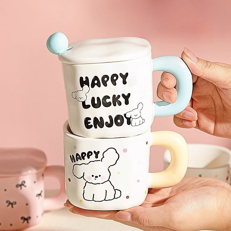 Ceramic animal-themed mug with butterfly, puppy, and cherry designs