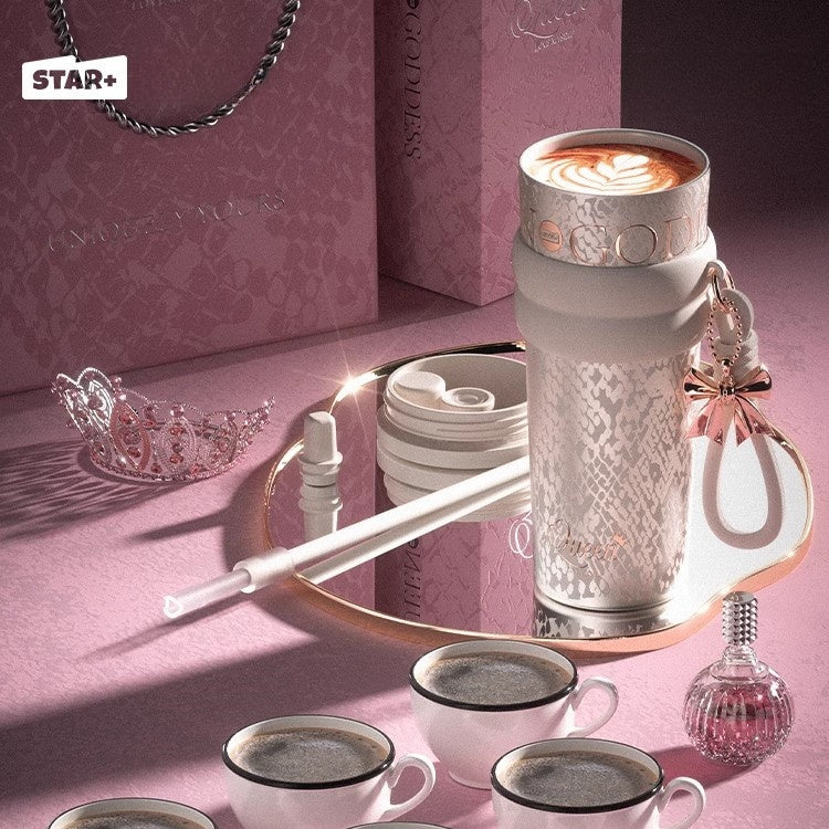 Elegant pink insulated water bottle with starry print and foldable straw