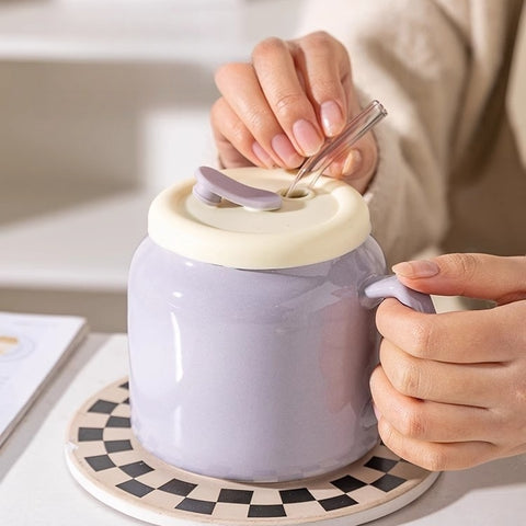 MDZF Taro Bobo Ceramic Mug with Silicone Lid in Cream Yellow and Taro Purple MDZF Taro Bobo Ceramic Mug with Silicone Lid in Cream Yellow and Taro Purple