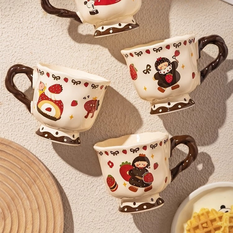 Vintage high-footed ceramic mug with twisted handle and animal-themed design, microwave-safe and lead-free