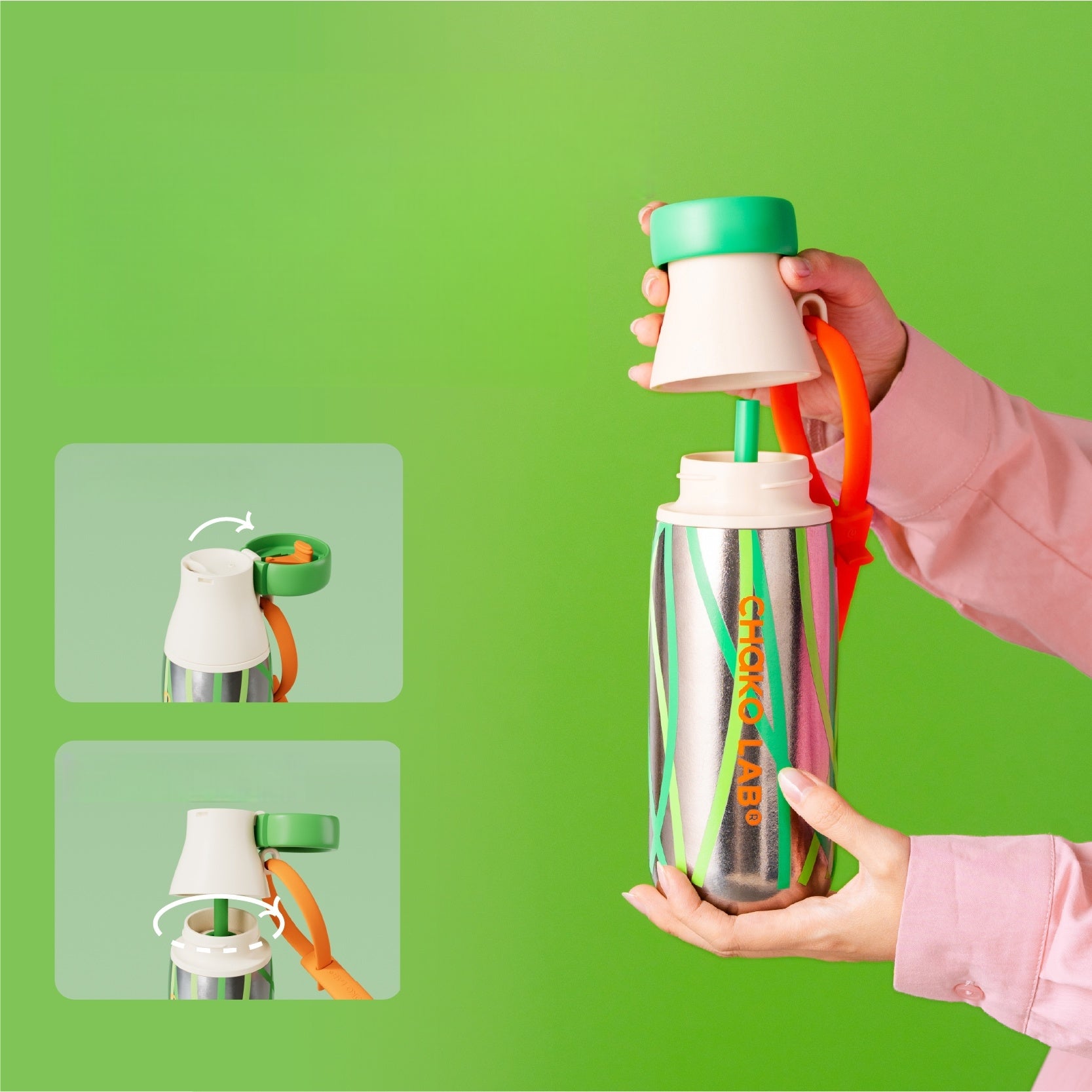 Detail of the detachable silicone handle and non-slip base of the water bottle