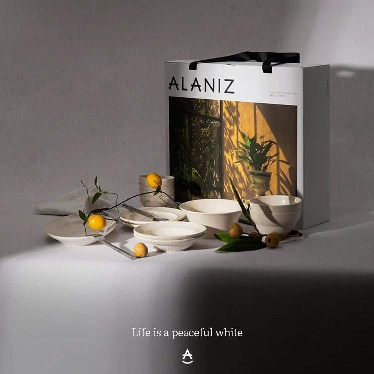 ALANIZ Benin Series white ceramic dinnerware set with gift box packaging, available in multiple sizes from 2 to 8 persons