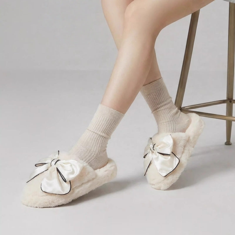 KRRAMEL Women‘s Chanel-Style Bow Plush Slippers