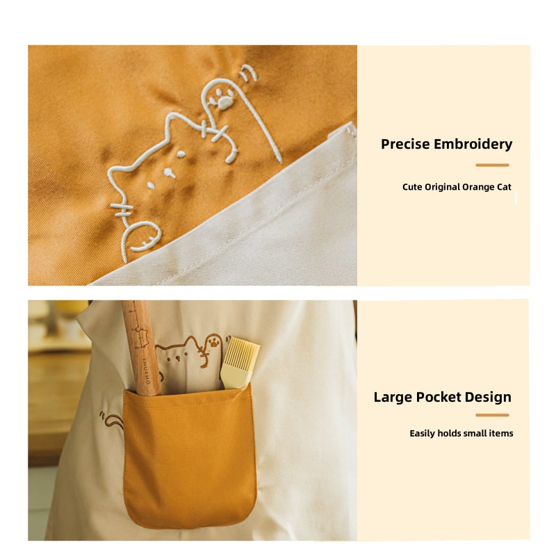 Fat Orange Waterproof Apron Front View with Cat Embroidery and Adjustable Straps
