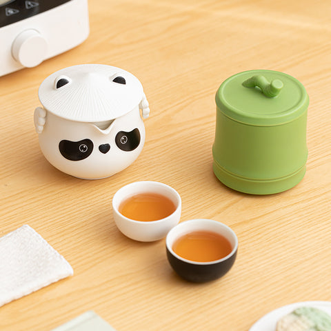 Bei Xia Panda Teapot and Bear Paw Cups Set on Bamboo Tea Tray Bei Xia Panda Teapot and Bear Paw Cups Set on Bamboo Tea Tray