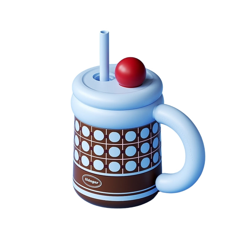 Sidagar Retro Plaid Desktop Straw Cup - 650ml Insulated Ceramic Coated Mug