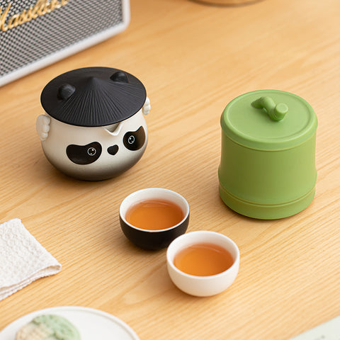 Bei Xia Panda Teapot and Bear Paw Cups Set on Bamboo Tea Tray Bei Xia Panda Teapot and Bear Paw Cups Set on Bamboo Tea Tray