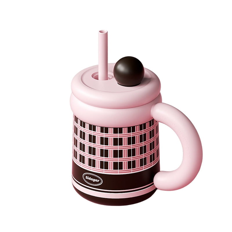 Sidagar Retro Plaid Desktop Straw Cup - 650ml Insulated Ceramic Coated Mug