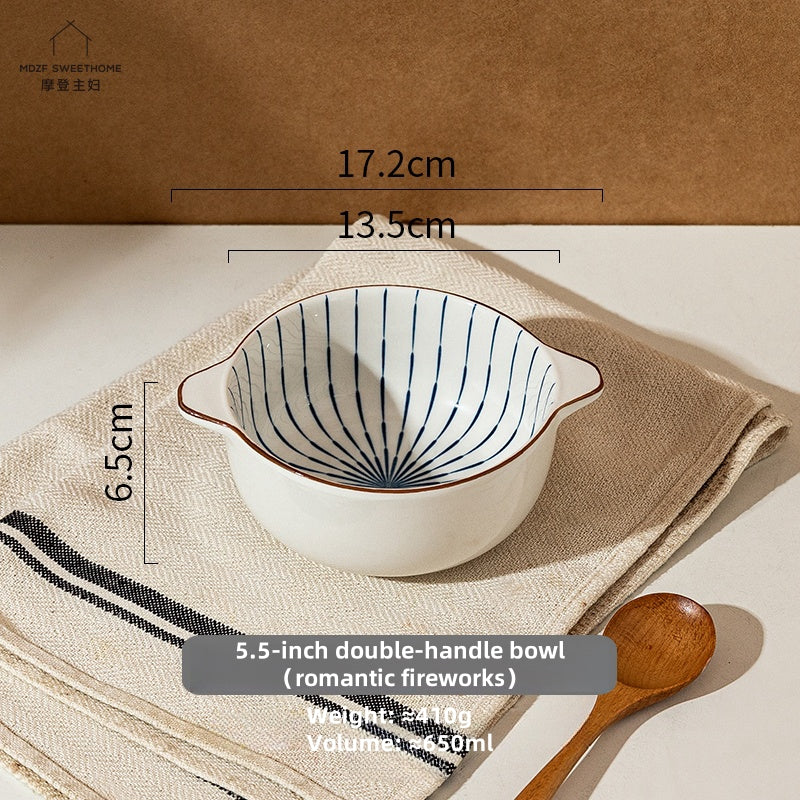 MDZF Sweet Home Elegant Double-Ear Ceramic Soup Bowl – Durable, Microwave & Dishwasher Safe, Ideal for Home & Dining