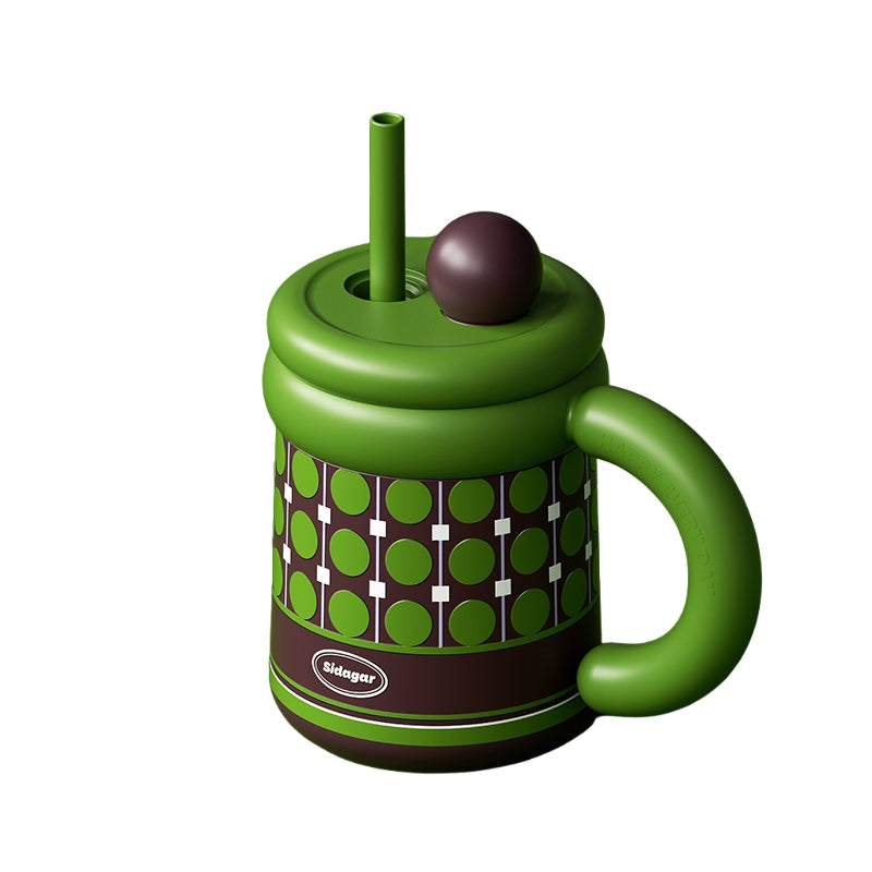 Sidagar Retro Plaid Desktop Straw Cup - 650ml Insulated Ceramic Coated Mug