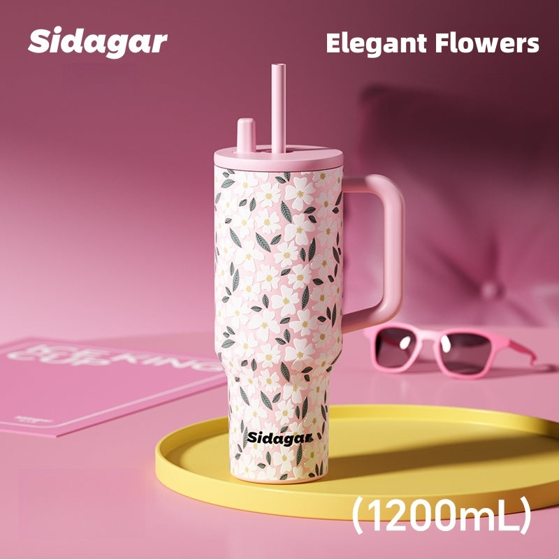 Sidagar ICE KING 1200ml Leopard & Floral Tumbler - Giant Insulated Water Bottle w/ Straw, Handle & Tea Infuser - Hot/Cold 24H Double-Wall Cup