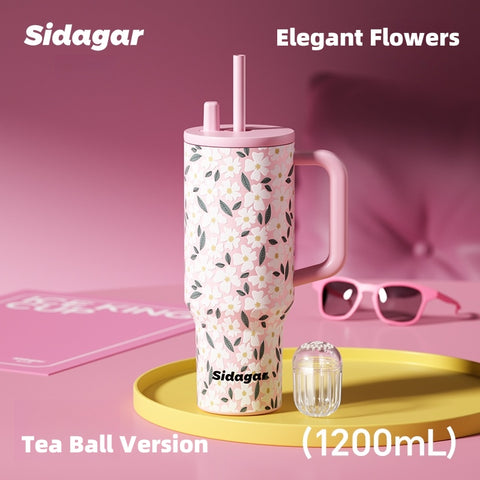 Sidagar ICE KING 1200ml Leopard & Floral Tumbler - Giant Insulated Water Bottle w/ Straw, Handle & Tea Infuser - Hot/Cold 24H Double-Wall Cup Sidagar ICE KING 1200ml Leopard & Floral Tumbler - Giant Insulated Water Bottle w/ Straw, Handle & Tea Infuser - Hot/Cold 24H Double-Wall Cup