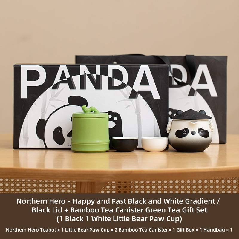 Bei Xia Panda Ceramic Tea Set - Lead-Free, Handmade Tea Set with Travel Case, Bear Cups & Bamboo Canister - Perfect for Home, Office, and Gifts