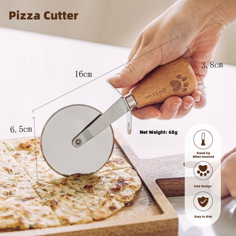SHUEHO Stand-Up Bear Paw Pizza Cutter & Triangle Server Set - 360° Rolling Blade, Beech Wood Handle, Food-Grade 430/420 Stainless Steel SHUEHO Stand-Up Bear Paw Pizza Cutter & Triangle Server Set - 360° Rolling Blade, Beech Wood Handle, Food-Grade 430/420 Stainless Steel