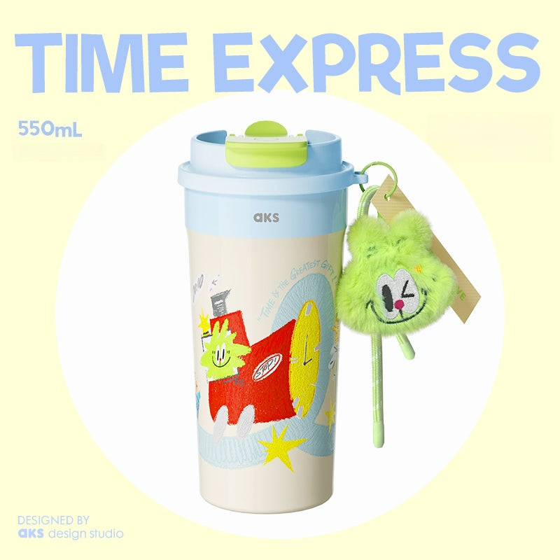 AKS x CROSSWAVE Lionbit 550ml Insulated Tumbler with Straw & Flip Lid - Vacuum Insulated Hot Cold Travel Mug, Leak Proof, with Plush Keychain (3 Designs)