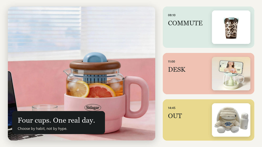 Four JYBN drinkware choices arranged around a day of drinking