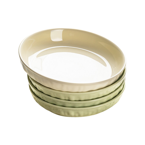 Microwave-safe ceramic plate set in cream tones, suitable for oven and dishwasher