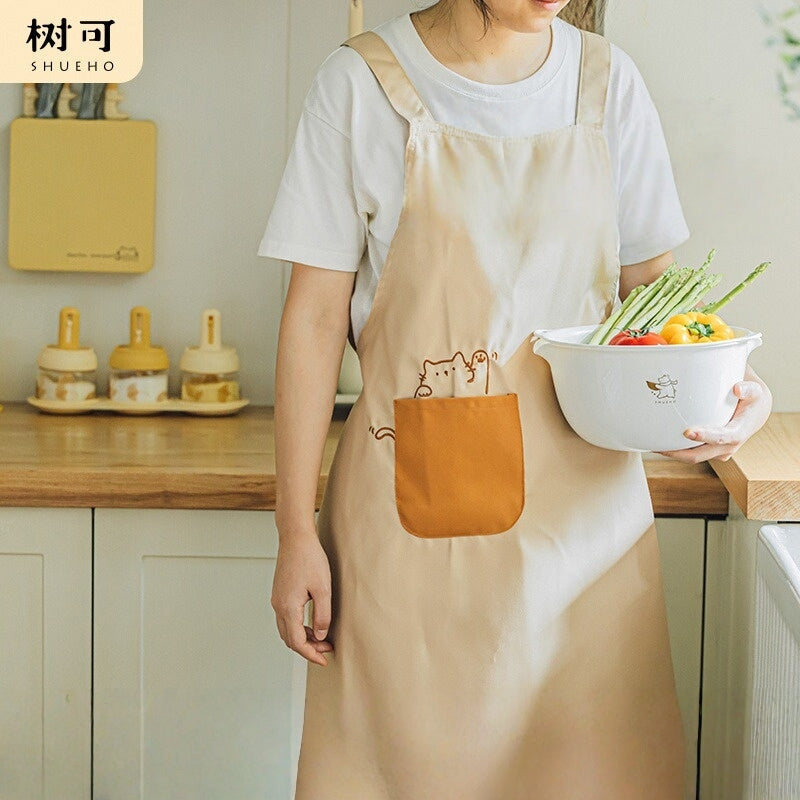 Fat Orange Waterproof Kitchen Apron with Adjustable Cat Embroidery