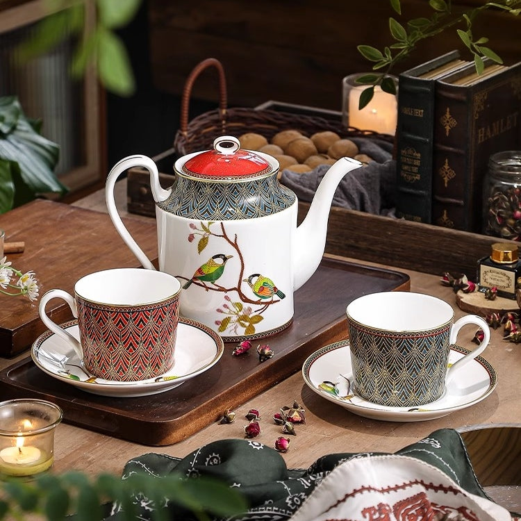 Silver-Eared Mesia Bone China Tea Set – Hand-Painted Embossed Luxury Tea Pot & Cups Set