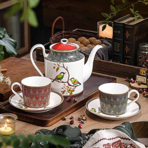 Silver-Eared Mesia Bone China Tea Set – Hand-Painted Embossed Luxury Tea Pot & Cups Set