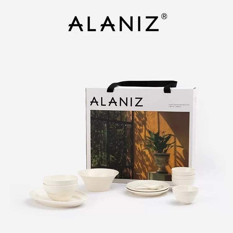 ALANIZ Benin Series white ceramic dinnerware set with gift box packaging, available in multiple sizes from 2 to 8 persons