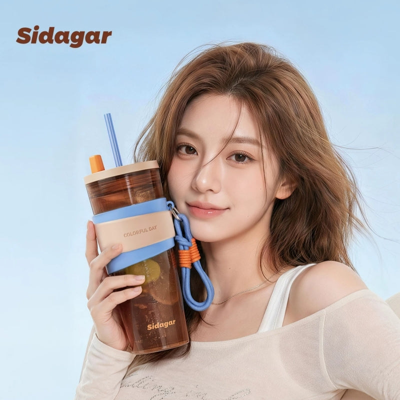 Sidagar 710ml Tritan Straw Water Bottle with Carrying Lanyard