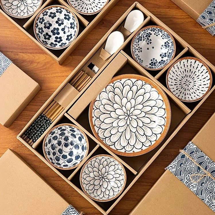 THREE LIFE Rattan Series Japanese Ceramic Dinnerware Set 