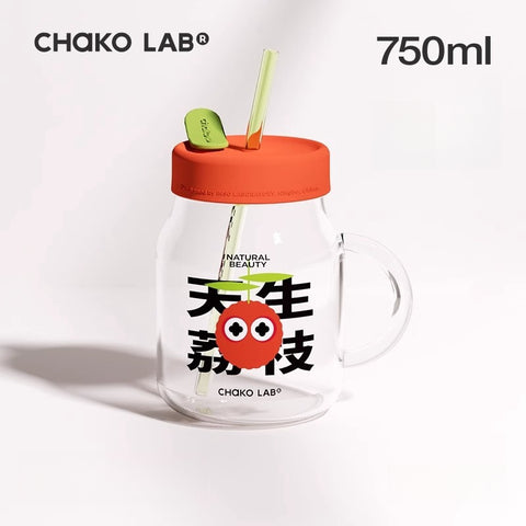 Chako Lab Trendy 750ml Glass Bottle with Dual Straws