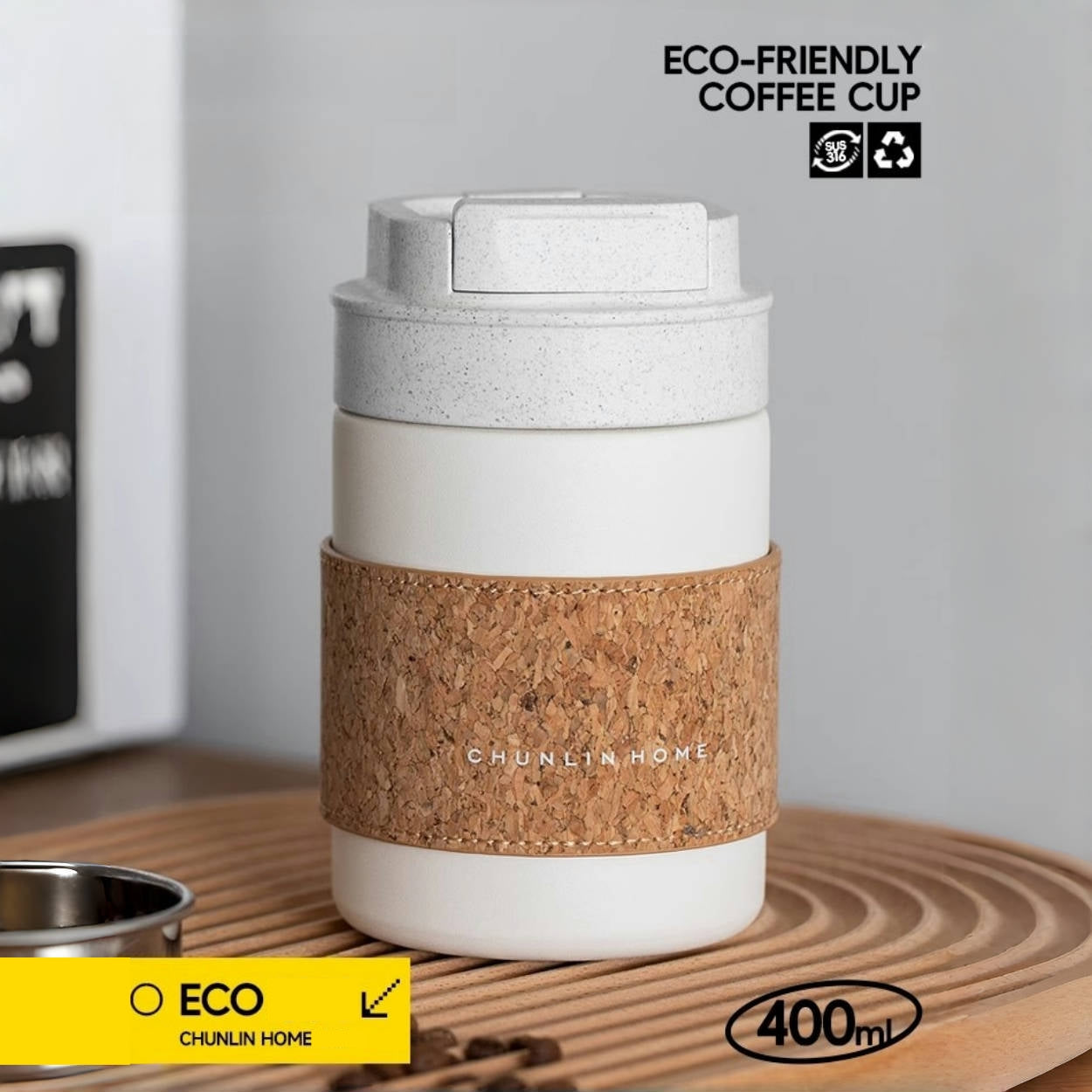 CHUNLIN HOME Yuan Qi Insulated Coffee Mug with Cork Band