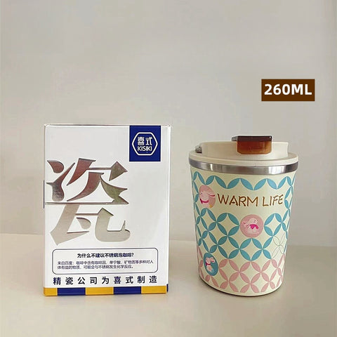 KISIKI Stylish Ceramic Layer Travel Coffee Cup with Lid - Leak-Proof, Double-Walled Insulation, and Modern Design