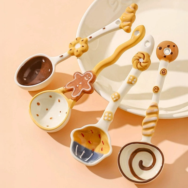 Hand-Painted Ceramic Soup Spoons Set – Cute Bakery Series Long Handle Dessert Spoons with 3D Gingerbread, Croissant & Muffin Designs