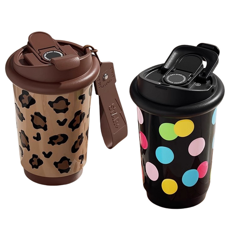 400ML portable polka-dot coffee tumbler with wrist strap