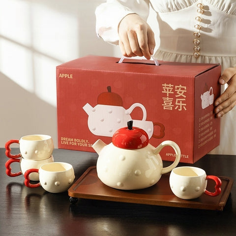 Red Apple Ceramic Teapot with Bamboo Tray – MDZF SWEET HOME Collection