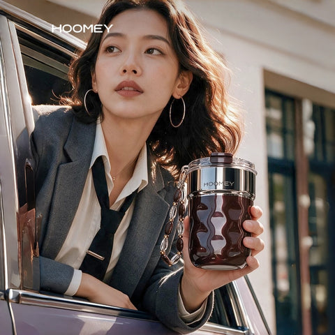 HOOMEY Floating Light Ceramic-Lined Travel Mug – 316 Stainless Steel Insulated Coffee Tumbler with Quick-Release Drinking Module