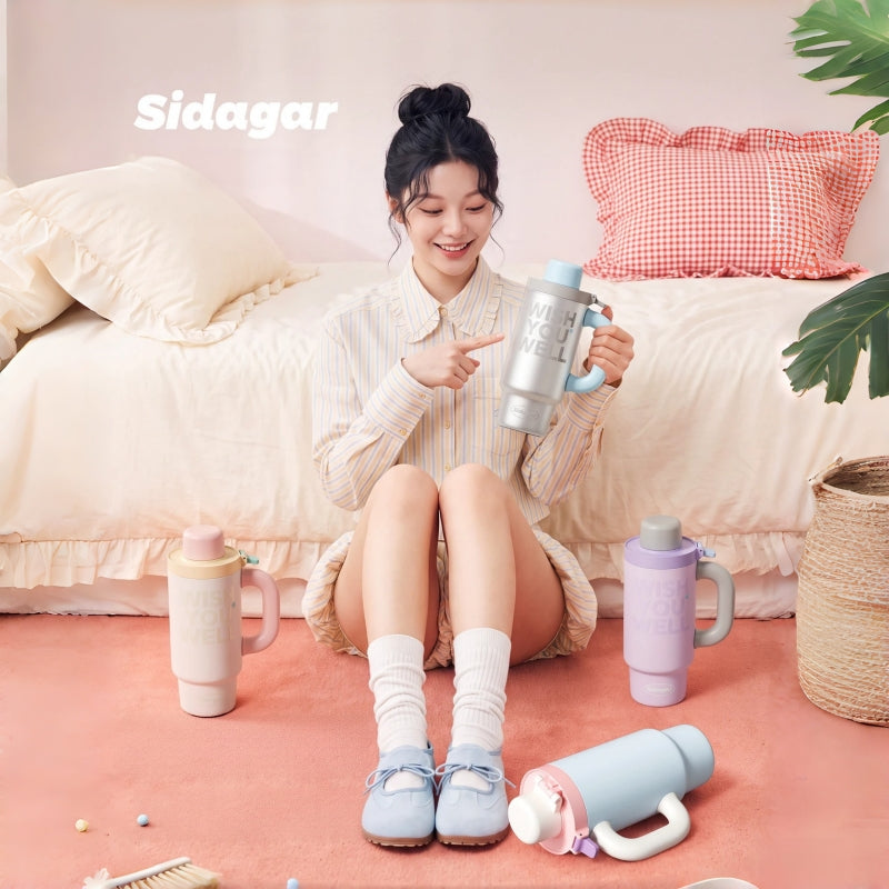 Sidagar 800ml blue insulated tumbler with handle and one-click open lid for office desk hydration